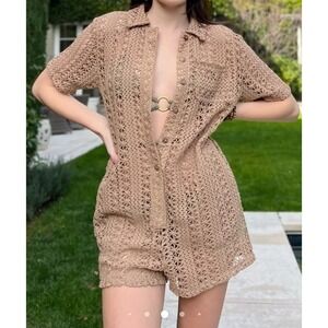 Benaar Los Angeles Tan Crochet Romper Womens Medium Boho Open Knit Button Front